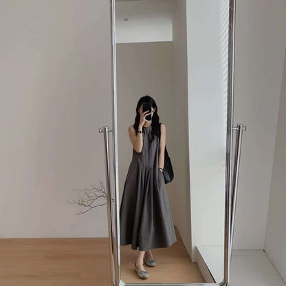 Sleeveless Crew Neck Plain Pleated Midi A-Line Dress