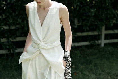 V-Neck Plain Knot Slit Tank Top / High Rise Wide Leg Pants