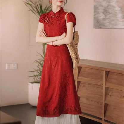 Short-Sleeve Floral Midi A-Line Qipao / High Rise Plain Tassel Hem Maxi A-Line Skirt