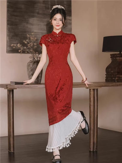 Short-Sleeve Floral Midi A-Line Qipao / High Rise Plain Tassel Hem Maxi A-Line Skirt