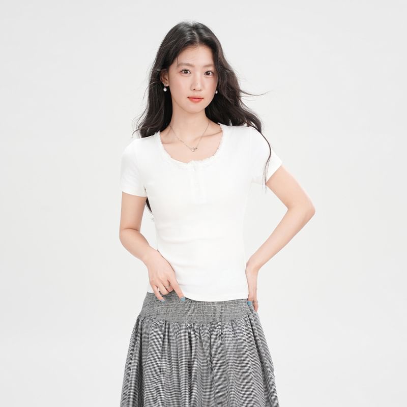 Short Sleeve Half Button Lace Trim Plain Slim-Fit Top