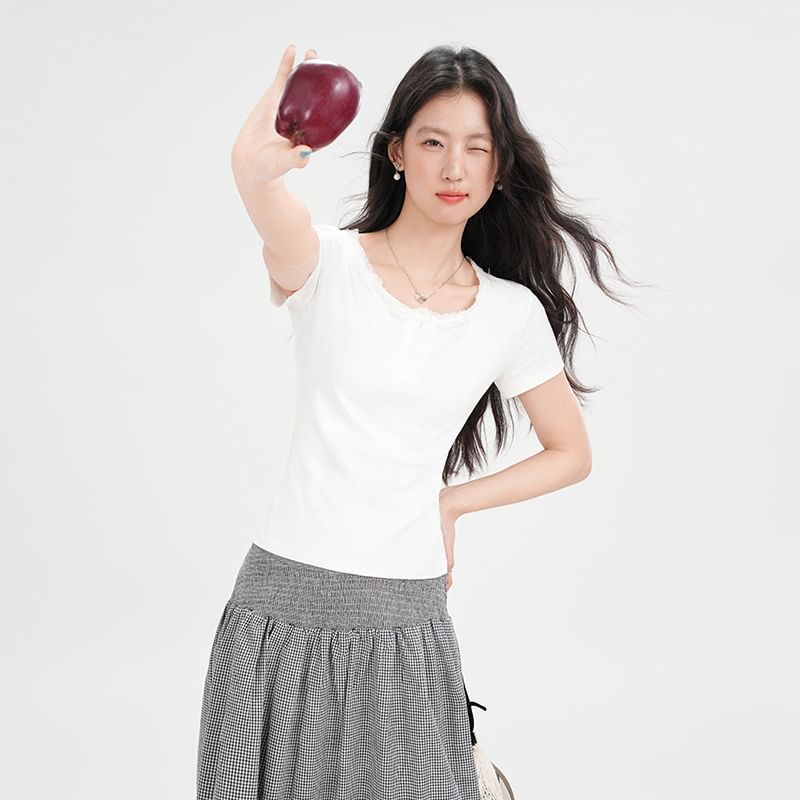 Short Sleeve Half Button Lace Trim Plain Slim-Fit Top