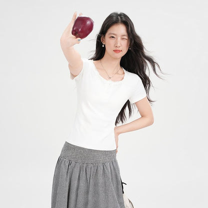 Short Sleeve Half Button Lace Trim Plain Slim-Fit Top