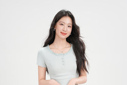 Short Sleeve Half Button Lace Trim Plain Slim-Fit Top