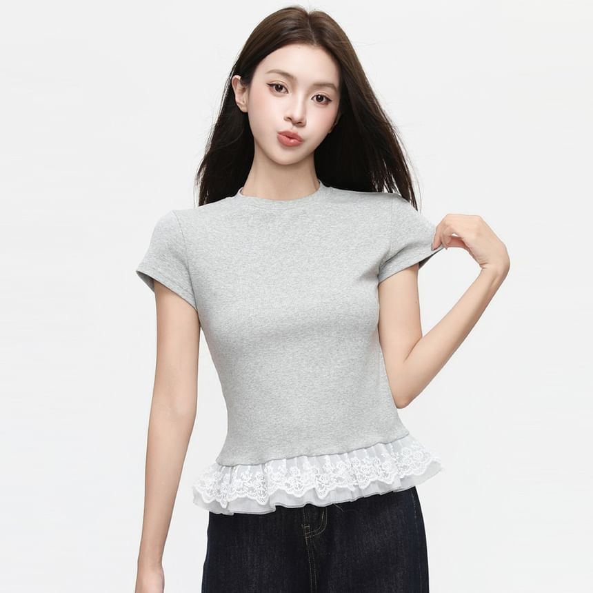 Short Sleeve Lace Panel Slim-Fit Top