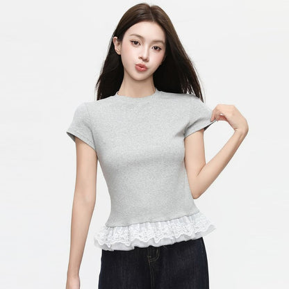 Short Sleeve Lace Panel Slim-Fit Top