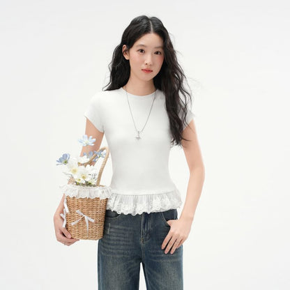Short Sleeve Lace Panel Slim-Fit Top