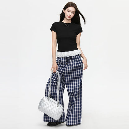 Short Sleeve Lace Panel Slim-Fit Top