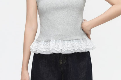 Short Sleeve Lace Panel Slim-Fit Top