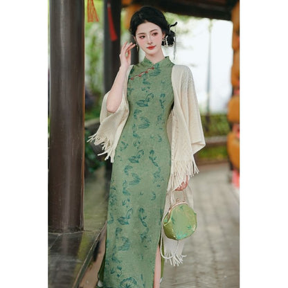 Short-Sleeve Leaf Print Side-Slit Maxi Qipao / Plain Fringed Trim Shawl / Set