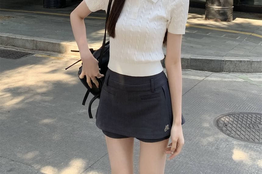 Plain Short-Sleeve Shirt Crop Cable Knit Polo