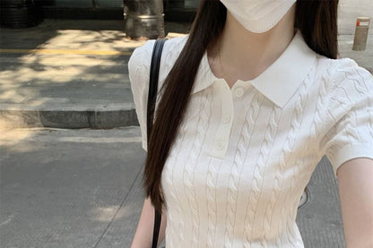 Plain Short-Sleeve Shirt Crop Cable Knit Polo