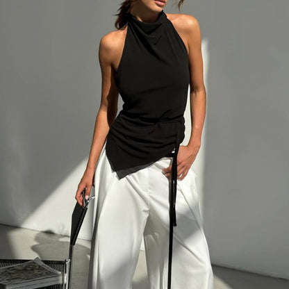 Halter Mock Neck Plain Asymmetrical Open Back Slim Fit Crop Top