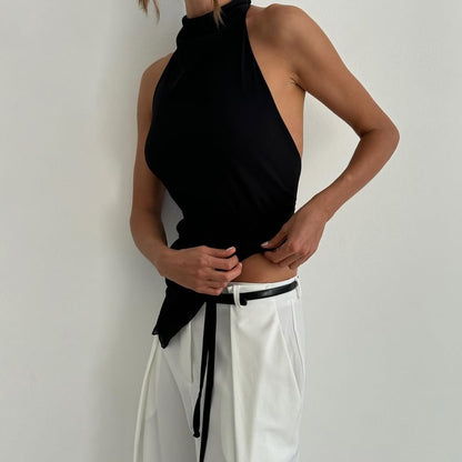 Mock Crop Asymmetrical Neck Back Halter Slim Top Fit Open Plain