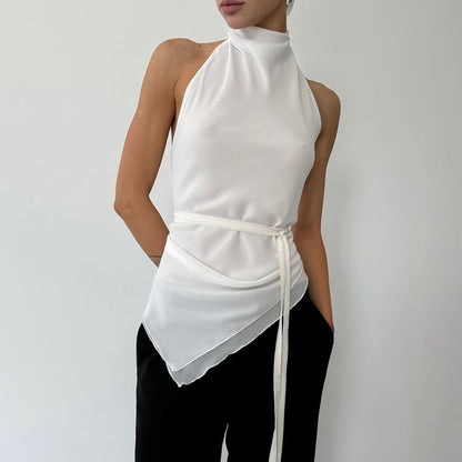 Halter Mock Neck Plain Asymmetrical Open Back Slim Fit Crop Top
