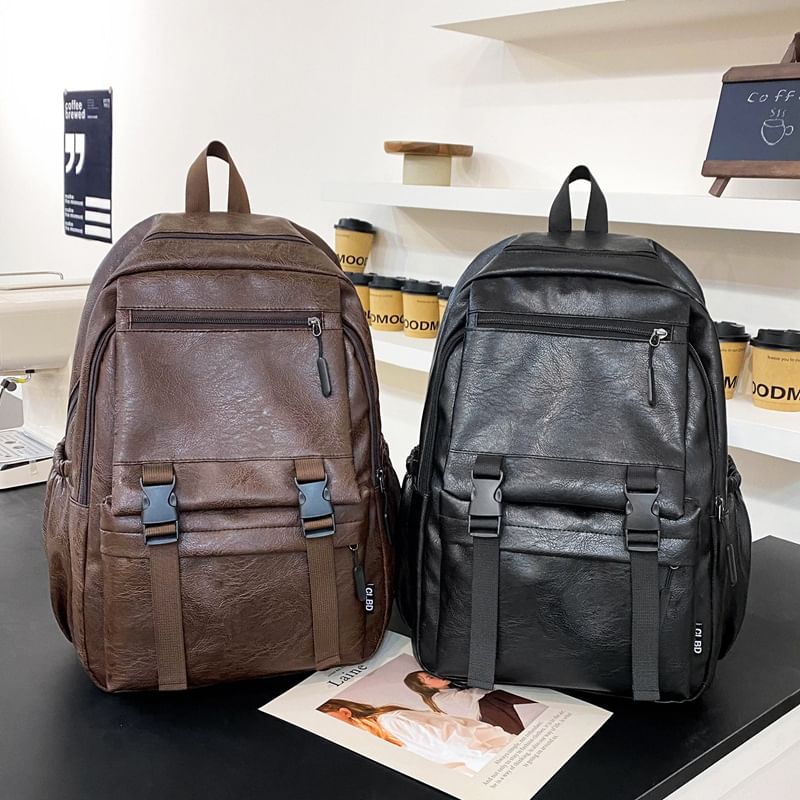 Zip Leather Backpack Faux Plain