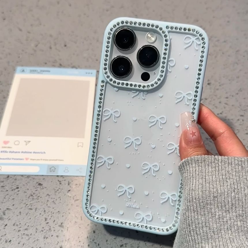 Bow Print Rhinestone Phone Case