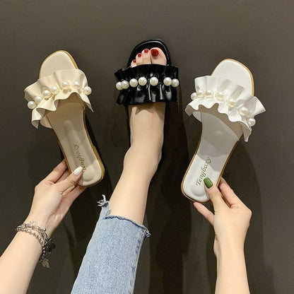 Pearl Faux Ruffle Slide Sandals