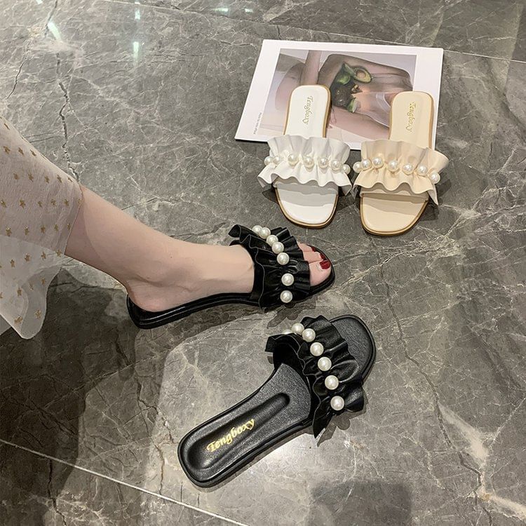 Pearl Faux Ruffle Slide Sandals