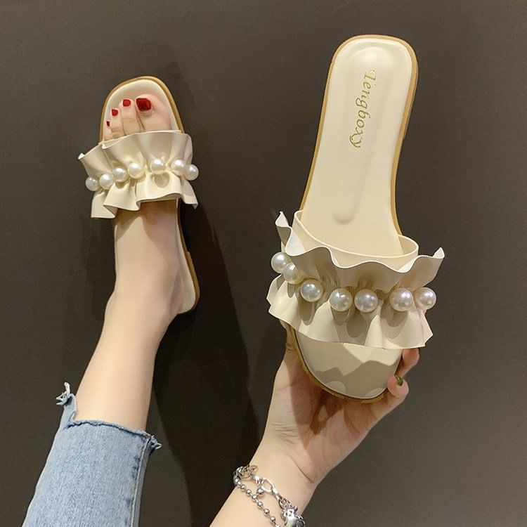 Pearl Faux Ruffle Slide Sandals