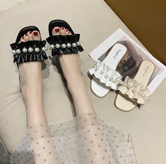 Pearl Faux Ruffle Slide Sandals