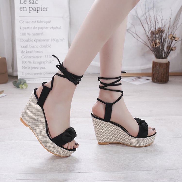 Bow Wedge Tie-Up Platform Sandals
