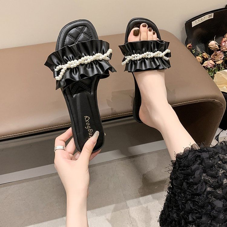 Ruffle Faux Sandals Pearl Slide