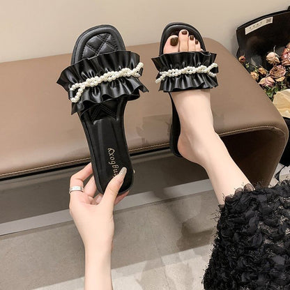 Ruffle Faux Sandals Pearl Slide