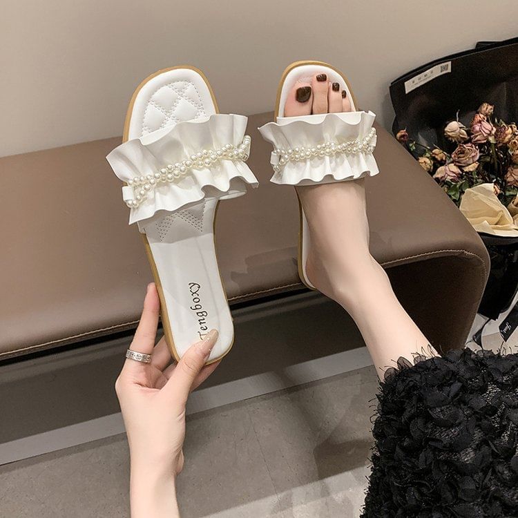 Ruffle Faux Sandals Pearl Slide