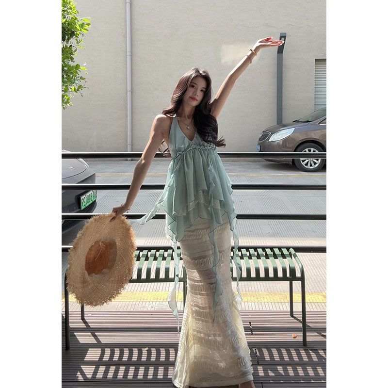 Sleeveless V-Neck Asymmetrical Ruffled Blouse and High Waist Maxi Lace Skirt