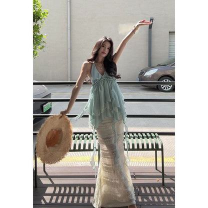 Sleeveless V-Neck Asymmetrical Ruffled Blouse and High Waist Maxi Lace Skirt