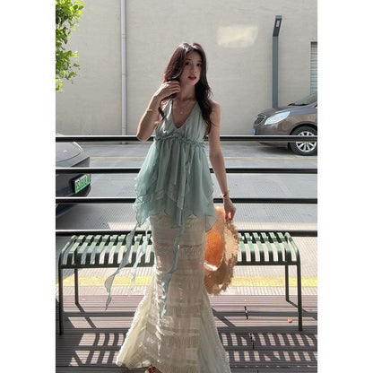 Sleeveless V-Neck Asymmetrical Ruffled Blouse and High Waist Maxi Lace Skirt