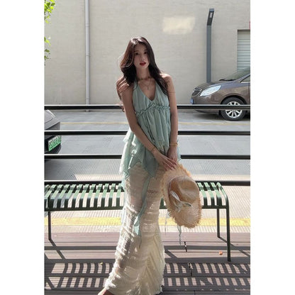 Sleeveless V-Neck Asymmetrical Ruffled Blouse and High Waist Maxi Lace Skirt