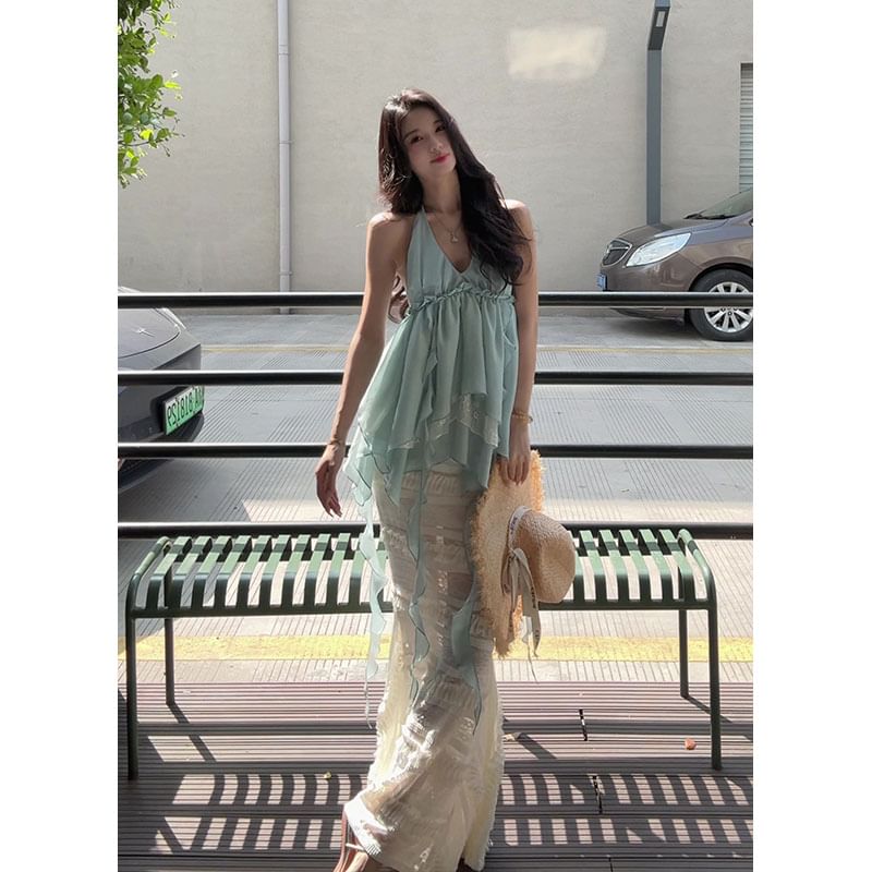 Sleeveless V-Neck Asymmetrical Ruffled Blouse and High Waist Maxi Lace Skirt
