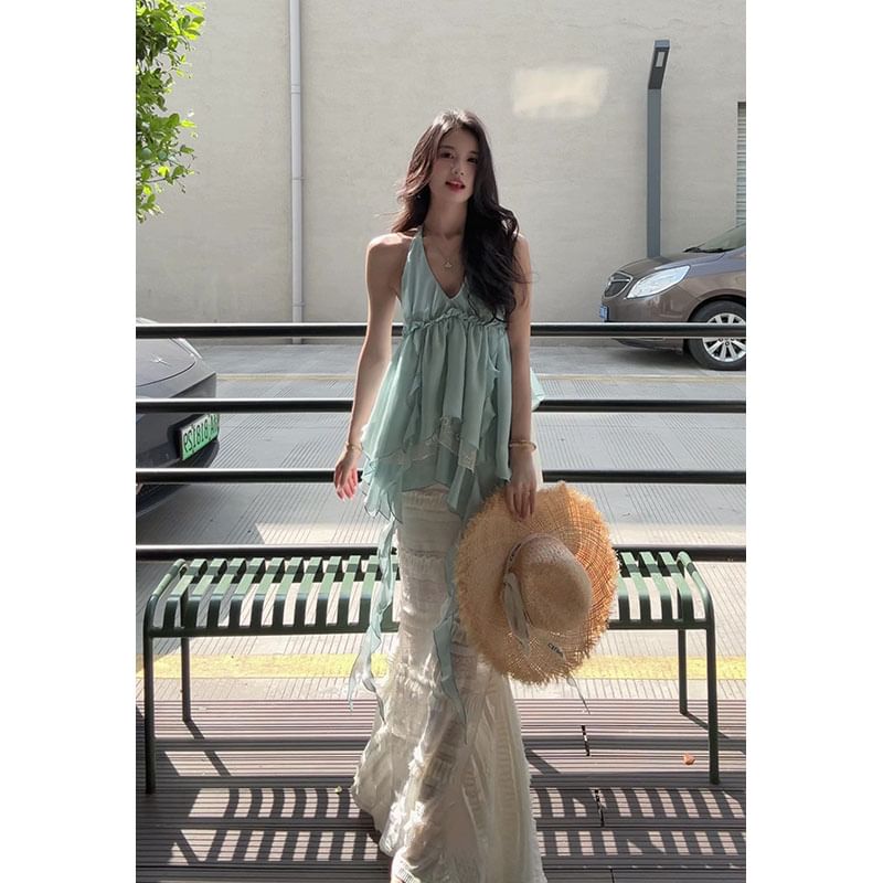 Sleeveless V-Neck Asymmetrical Ruffled Blouse and High Waist Maxi Lace Skirt