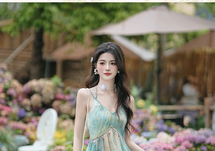 Spaghetti Strap V-Neck Tie Dye Fringed Midi A-Line Dress / Plain Tassel Perforated Shawl / Set