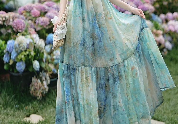 Spaghetti Strap V-Neck Tie Dye Fringed Midi A-Line Dress / Plain Tassel Perforated Shawl / Set