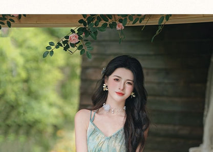 Spaghetti Strap V-Neck Tie Dye Fringed Midi A-Line Dress / Plain Tassel Perforated Shawl / Set