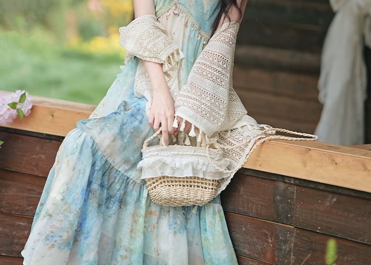 Spaghetti Strap V-Neck Tie Dye Fringed Midi A-Line Dress / Plain Tassel Perforated Shawl / Set