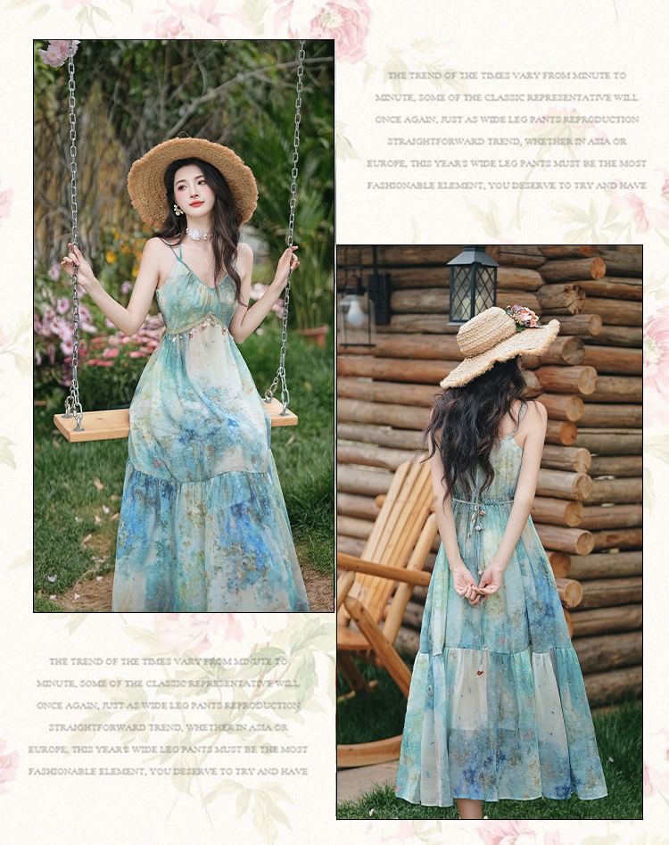 Spaghetti Strap V-Neck Tie Dye Fringed Midi A-Line Dress / Plain Tassel Perforated Shawl / Set