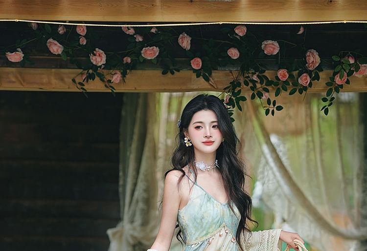 Spaghetti Strap V-Neck Tie Dye Fringed Midi A-Line Dress / Plain Tassel Perforated Shawl / Set