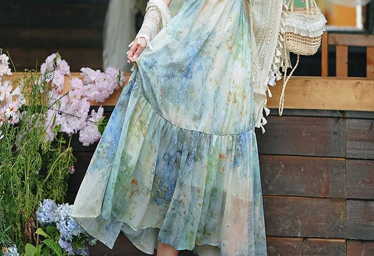 Spaghetti Strap V-Neck Tie Dye Fringed Midi A-Line Dress / Plain Tassel Perforated Shawl / Set