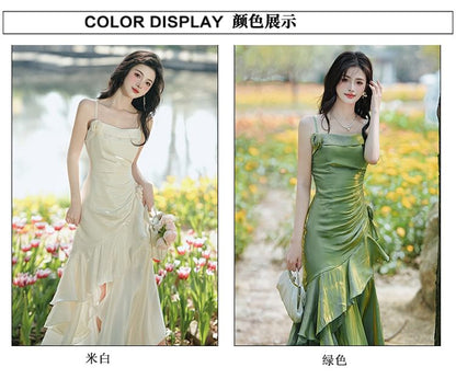 Spaghetti Strap Plain Asymmetrical Flower Accent Ruched Maxi Mermaid Dress / 3/4-Sleeve Fringed Open Front Light Jacket / Set