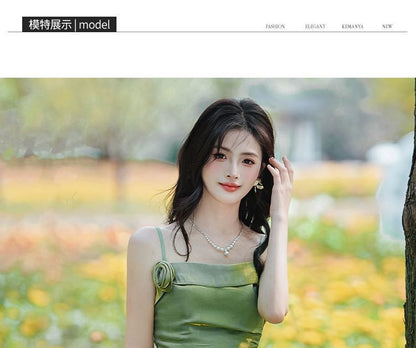 Spaghetti Strap Plain Asymmetrical Flower Accent Ruched Maxi Mermaid Dress / 3/4-Sleeve Fringed Open Front Light Jacket / Set