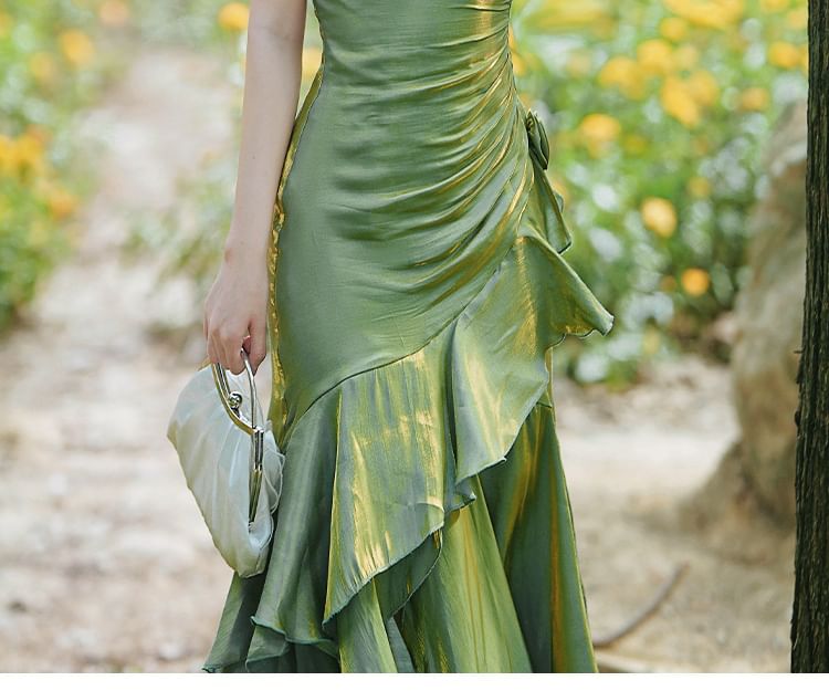 Spaghetti Strap Plain Asymmetrical Flower Accent Ruched Maxi Mermaid Dress / 3/4-Sleeve Fringed Open Front Light Jacket / Set