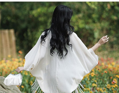 Spaghetti Strap Plain Asymmetrical Flower Accent Ruched Maxi Mermaid Dress / 3/4-Sleeve Fringed Open Front Light Jacket / Set