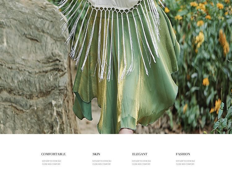 Spaghetti Strap Plain Asymmetrical Flower Accent Ruched Maxi Mermaid Dress / 3/4-Sleeve Fringed Open Front Light Jacket / Set