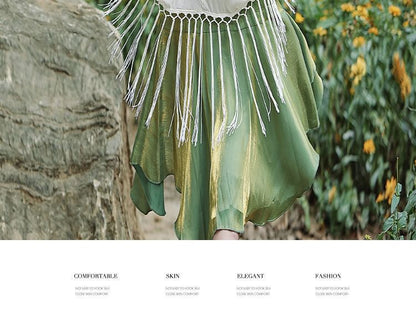 Spaghetti Strap Plain Asymmetrical Flower Accent Ruched Maxi Mermaid Dress / 3/4-Sleeve Fringed Open Front Light Jacket / Set