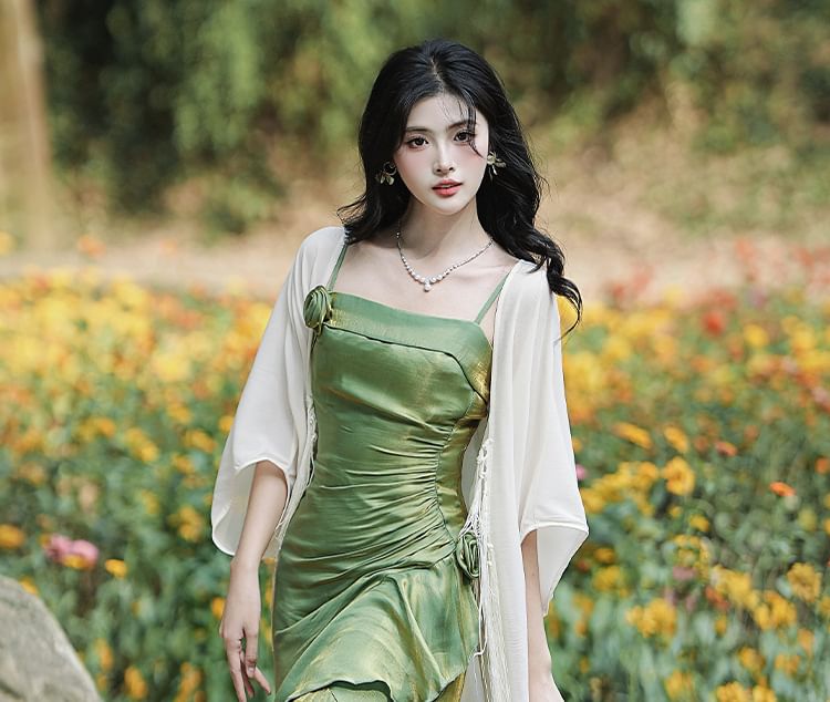 Spaghetti Strap Plain Asymmetrical Flower Accent Ruched Maxi Mermaid Dress / 3/4-Sleeve Fringed Open Front Light Jacket / Set