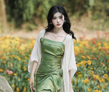 Spaghetti Strap Plain Asymmetrical Flower Accent Ruched Maxi Mermaid Dress / 3/4-Sleeve Fringed Open Front Light Jacket / Set